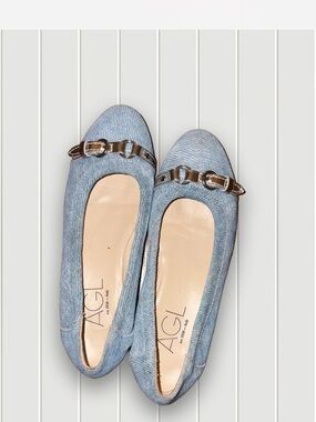 Agl Light Blue Denim Ballet Flats with Silver Buckle